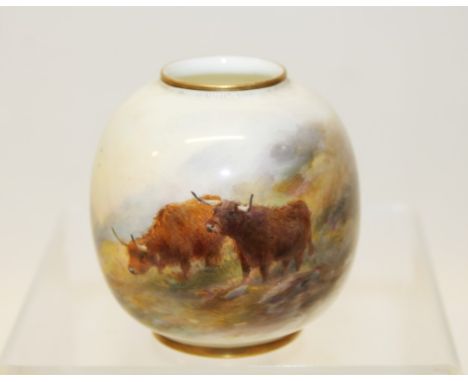Royal Worcester vase of globular form, decorated with Highland cattle in a landscape, signed - H. Stinton, printed mark to un