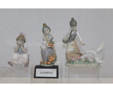 Nine Lladro porcelain figures - including girl with oranges, girl with kitten and dog, girl with goose, etc