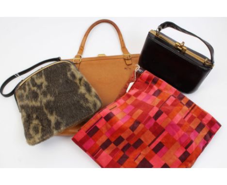 Vintage Liberty seal skin handbag and Liberty pink / purple soft corduroy scarf with silk lining, plus two other leather hand
