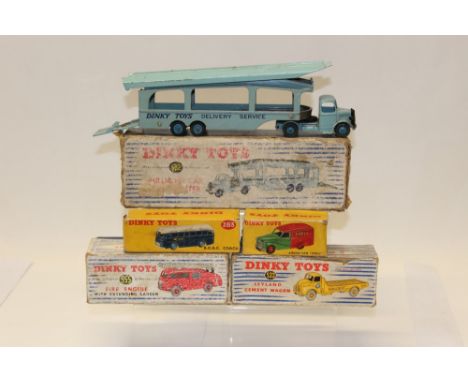 Dinky BOAC Coach no. 283, Austin Van 'Shell', Fire Engine no. 555, Leyland Cement Wagon no. 533, Pullmore Car Transporter no.