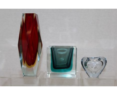 Murano geometric cut cased red glass vase, Somerso cube vase and a Holmegaard Per Lutken heart vase, dated 1958 (3) 