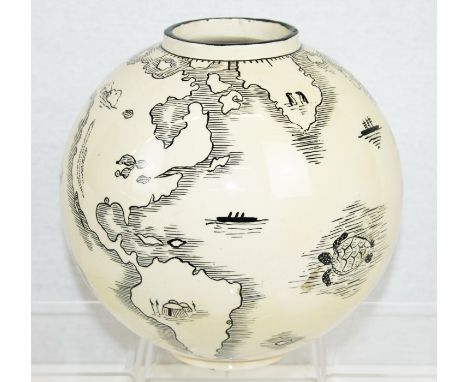 Robert Lallemant (1902 - 1954), cream glazed vase of globular form, with black decoration depicting the countries and oceans 