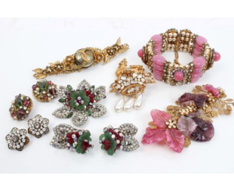 De Mario gilt metal paste set floral spray brooch, one other gilt floral brooch, Hobe floral cluster brooch and matching earr