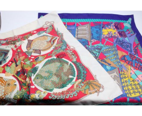 Authentic vintage Hermès silk scarves - Grands Fonds by Annie Faivre, 90cm square, plump hand-rolled edge, care label, also E