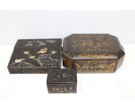 Chinese lacquered sewing box and tea caddy, together with mother of pearl inlaid writing slope (3) 