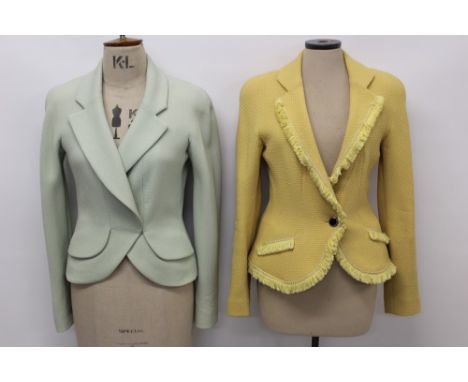 Two Christian Dior Boutique short wool jackets - the pastel green with cream silk lining with embroidered logo, size 12, the 