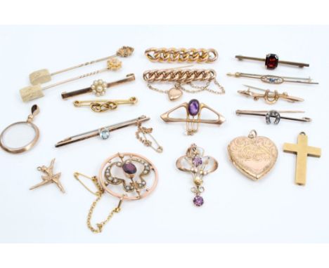 Group of Victorian and Edwardian gold and yellow metal jewellery - including various bar brooches, pendants, locket and stick