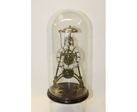 Skeleton clock with single fusee movement striking on a bell and silver 'cog' dial with Roman numerals under a glass dome wit