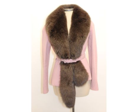 Christian Dior Boutique pink wool fitted jacket with belt and wide fox fur attached stole, pink silk lining with embroidered 