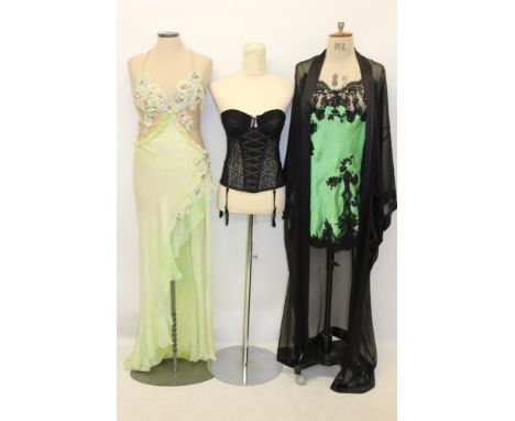 Ladies' cream nightie with lace inserts by La Perla, Giorgio Armani silk vest, silk dressing gown with small printed green dr