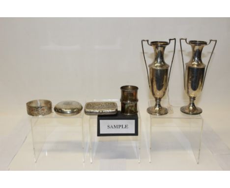 Selection of miscellaneous silver and white metal - including pair vases, napkin rings, tobacco box and sundry other items (v