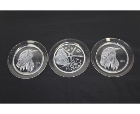 Three vintage Lalique glass commemorative plates dated 1969 and two dated 1973,  all signed Lalique France to reverse.  21cm 