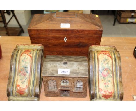 19th century scratch-built painted wooden money box in the form of a chapel, dated 1829, 15.8cm wide, together with a later R