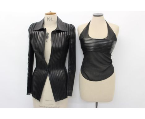 Jean-Claude Jitrois black leather jacket with leather strips alternating with strips of sheer fabric, together with a matchin