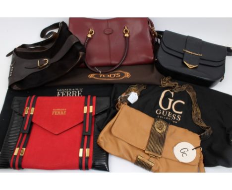 Group of designer bags - to include Gianfranco Ferré red leather, black patent clutch bag with dust bag, Tods dark red leathe