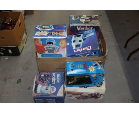 Selection of boxed robots including Robbie the Robot, Cosmic Raider Force, Cy-Bot Saturn, The Bot-ster, Tommy The Atomic Robo