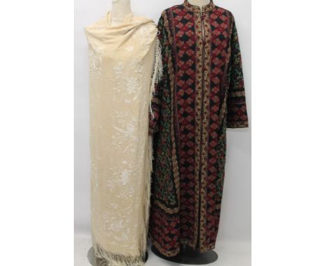 Hand-embroidered coat - multi-colour floral design on fine black wool, stand-up collar and embroidery covered buttons, long l
