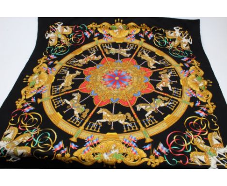 Authentic vintage Hermès silk jacquard scarf Luna Park by Joachim Metz, with carousel horses, with care tag, plump hand-rolle
