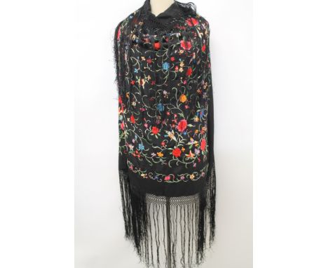 Chinese Canton vintage black silk piano shawl with bright coloured silk embroidery, flowers and birds, knotted and tassel edg