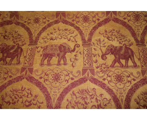 Two pairs of heavy damask red and gold curtains with elephant, archway and scroll decoration and ribbon tie-tops, with one pa