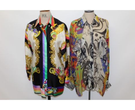 Versace sport silk shirt with vintage car and baroque foliate design, size 38, together with Versace Jeans Couture sheer shir