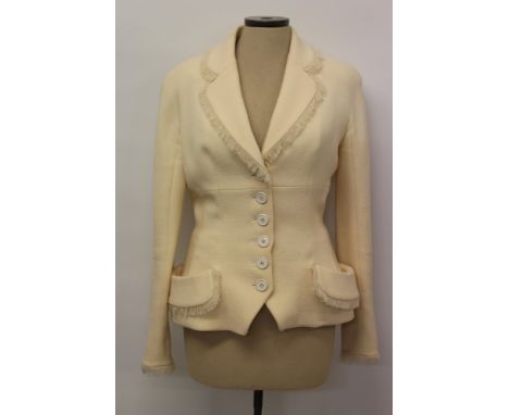 Christian Dior cream wool fitted jacket with fringed edging and Dior logo buttons, silk lining, size 10   CONDITION REPORT  V