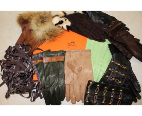 Selection of ladies' leather gloves - including gilt chain and black leather gauntlets, Escada, Harrods, long ruched black le