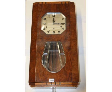 Art Deco walnut cased regulator wall clock with octagonal numeral dial, marked - Vedette