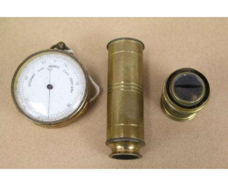 Victorian pocket barometer in gilt metal case, Victorian pocket telescope and lens (3)