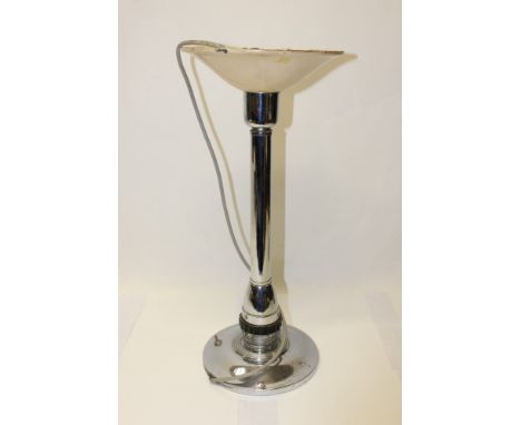 Art Deco-style Continental chromium plated table lamp with central column on a domed base and cream painted up-lighter shade 