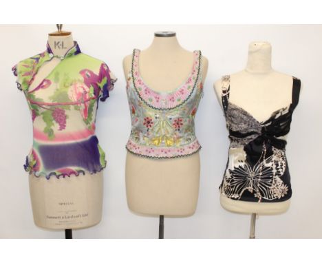 Selection of designer tops - including Christian Lacroix embroidered and beaded silk bodice, Roberto Cavalli printed silk bod