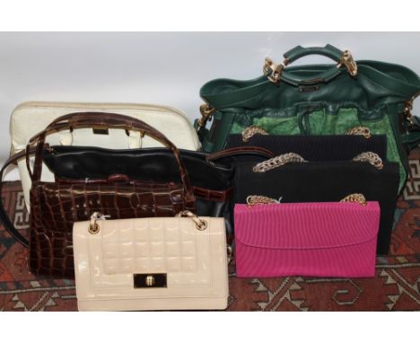 Group of fashion house bags - to include three Leziapel chord evening bags with chain handles, Daks cream patent bag, Escada 