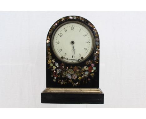 Victorian mantel clock with American movement, white painted dial in mother of pearl inlaid and floral painted dome-top case,