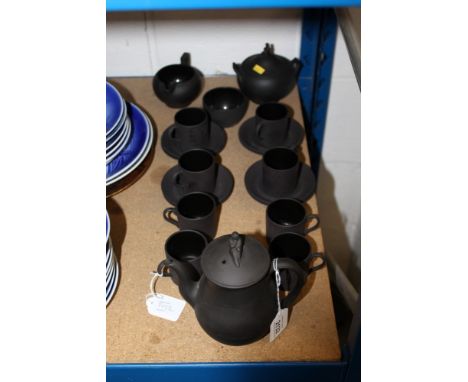 Wedgwood black basalt coffee service - comprising coffee pot, covered sugar, cream, open sugar, eight cups, eight saucers (20