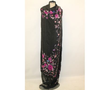 Chinese Canton vintage black silk piano shawl with bright coloured silk thread embroidery purple and pink flowers, knotted an