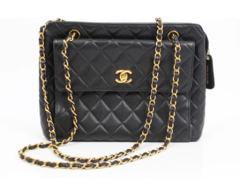 Vintage Chanel black quilted caviar leather handbag with front flap pocket, gilt 'C.C.' twist lock, chain and hardware - meas