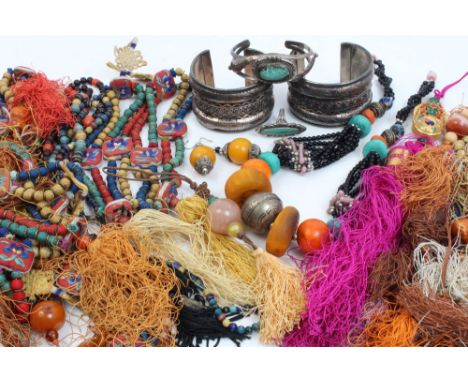 Group of Oriental chord bead tassel trimmings / necklaces, white metal bangles, pair earrings, turquoise bangle and ring