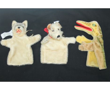 Steiff hand puppets - crocodile 'Gatty' circa 1956, terrier dog 'Foxy' 1951 and fox with teeth and open mouth 'Loopy' (3)