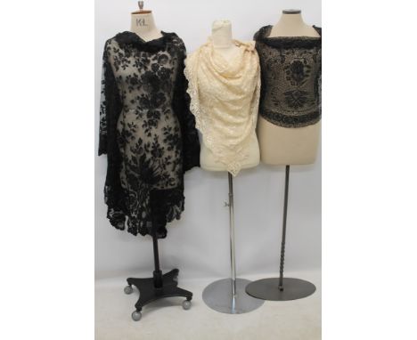 1920s vintage black allover lace dress with dropped and pointed waistline, large black lace shawl, Maltese cream silk floss l