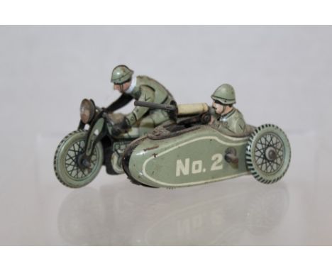 French First World War clockwork tinplate model of a military motorcycle and sidecar 