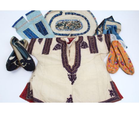 Sundry Eastern textiles - to include children's Ottoman / Turkish tunic, Chinese silk shoes, other fragmentary pieces