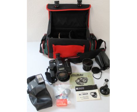 Camera bag containing Richo Mirri camera with manuals, Teleconvertor TC -200M in soft case, camera stand, cleaning kit, Ricoh