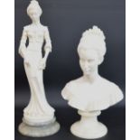 Arnaldo Gianncelli alabaster bust of a lady (25cm H) & full length Victorian lady (31cm H)