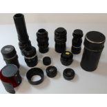Selection of camera lenses with screw fitting, Prinz Galaxy 135mm with hood and case, Mirage Auto