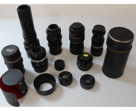 Selection of camera lenses with screw fitting, Prinz Galaxy 135mm with hood and case, Mirage Auto Reflex 200mm, Prinz Galaxy 