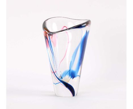 Max Verboeket for Kristalunie Maastricht, Netherlands "Z.M.7" Art Glass Vase Clear body with trailed blue and pink, signed to
