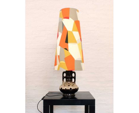 British Home Stores Large "Fat Lava" Pottery Lamp Circa 1970s, twin-handled with pierced detail, rewired to the highest safet