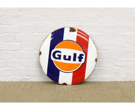 Automobilia/Motoring and Advertising Interest Original "Gulf" Enamel Sign Early 20th century, in white, blue and red with cen