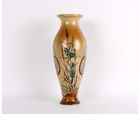 Florence E. Barlow (British 1856-1909) for Doulton Lambeth Large Stoneware "Birds" Vase Salt-glazed with pate-sur-pate decora