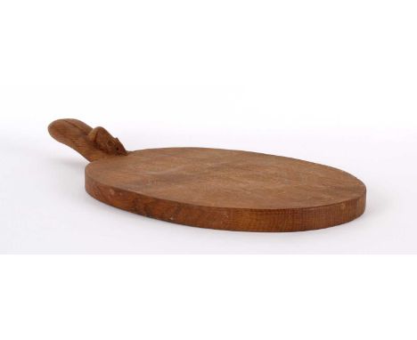 Workshop of Robert "Mouseman" Thompson, Kilburn Oval Oak Cheeseboard Circa 1950s/60s, the handle bearing carved mouse signatu
